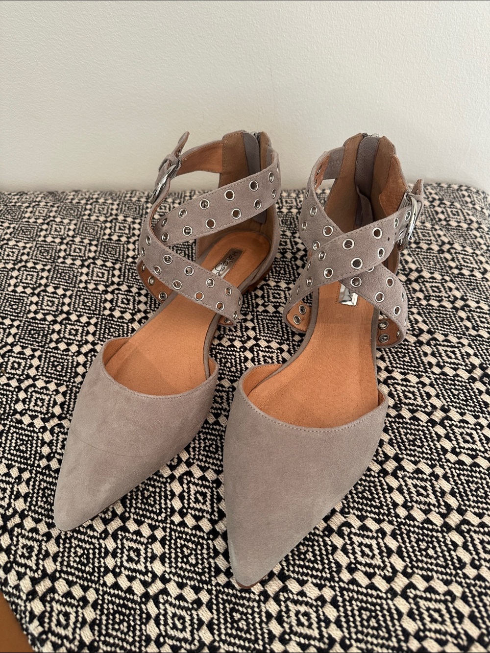Halogen Pointed Toe Grommet Ankle Strap Flats in Gray
